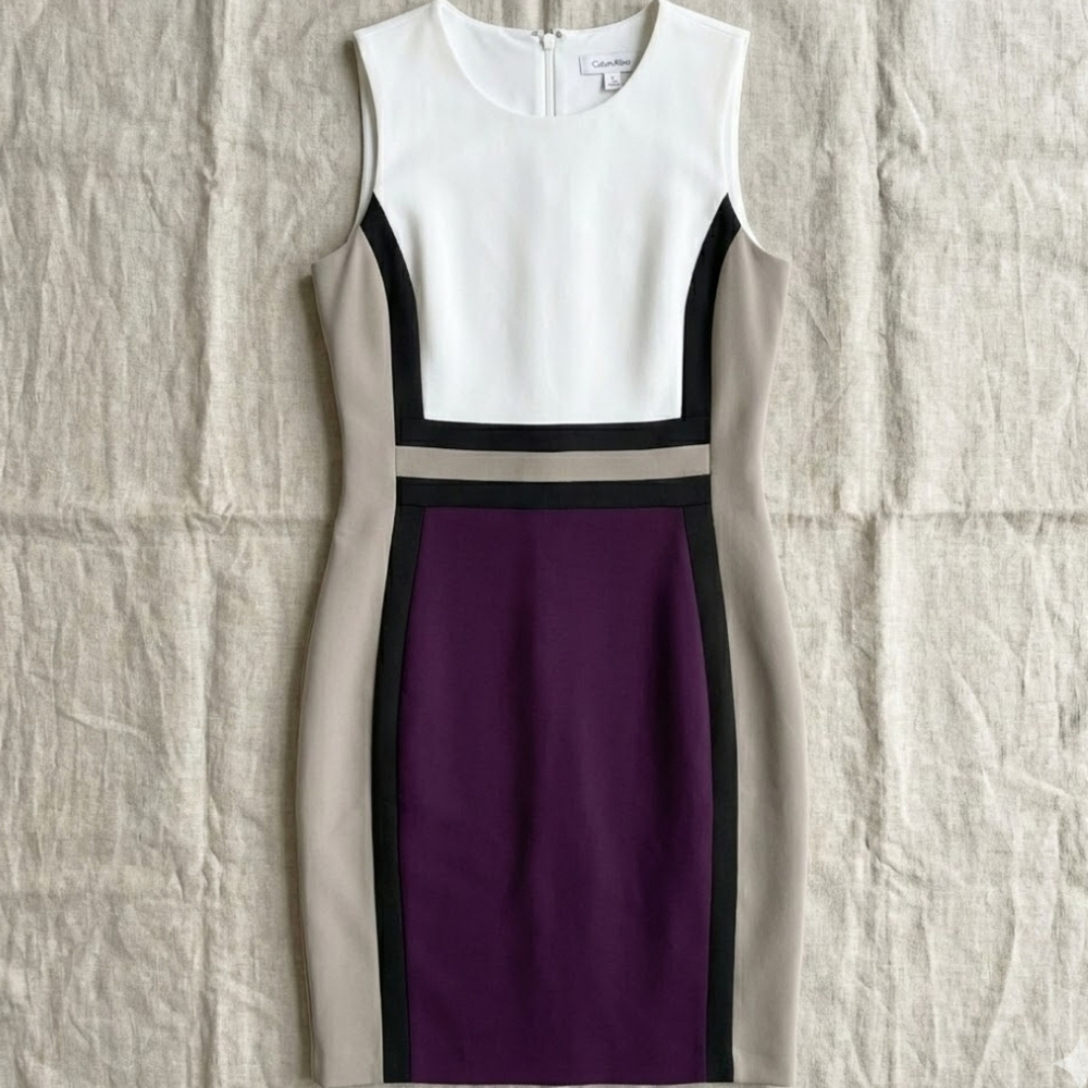 Clavin Klein Women’s Sleeveless Scuba Dress Size 8 Color Block Career Purple Tan